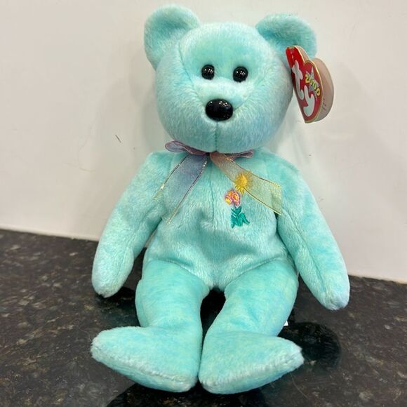 Ariel Bear TY Beanie Babies 2000 Plush Toy Blue Flowers Sun 1981-1988. Ear tag - Picture 1 of 10